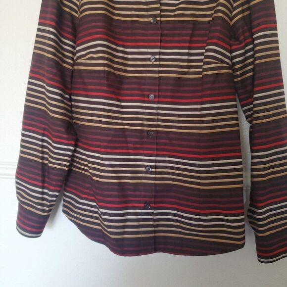 Coldwater Creek Blouse Size S 8 Brown Red Stripe No Iron Long Sleeve Button - Picture 3 of 15